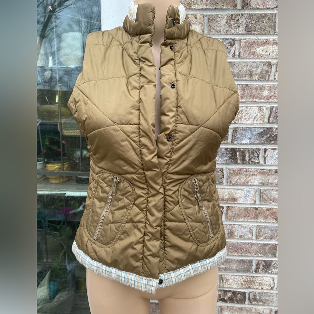 Y2K Wet Seal Brown/Olive Green Mixed Print Trim Puffer Sleeveless Vest XS - Picture 5 of 14